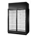 A True black glass door refrigerator with LED lighting.