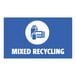 A white rectangular sign with blue and white text reading "Mixed Recycling" and a blue and white icon of a carton and a can.