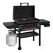 A Blackstone outdoor griddle with a propane tank on a table.