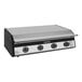 A black and silver Blackstone outdoor kitchen griddle with a hood.