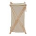 A white canvas laundry hamper with wooden X-frame handles.