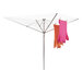 A Household Essentials aluminum outdoor umbrella drying rack with clothes drying on a clothesline.