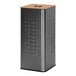 A square stainless steel laundry hamper with a wooden lid and holes in the sides.