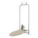 A white Household Essentials over-the-door ironing board with an iron on it.