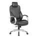 A Boss black leather office chair with silver accents.