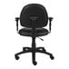 A Boss black leather mid-back office chair with arms and wheels.