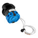 A blue and black HeyCafe power switch with white wires.
