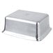 A silver stainless steel food pan with a white background.