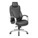 A Boss black leather office chair with silver accents.