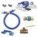 A blue Dormont gas connector kit with a flexible hose and other tools.