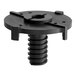 A close-up of a black plastic screw with a hole in it.