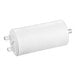 A white cylindrical capacitor with metal screws on the bottom.