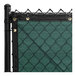 A green chain link fence with FenceScreen privacy screen attached.