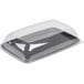 A black plastic Sabert catering tray with a clear lid.