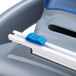 A close up of a San Jamar slide cutter with blue plastic clips.