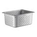 A silver metal 1/2 size steam table pan with holes.