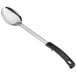 A close-up of a Thunder Group stainless steel basting spoon with a black handle.