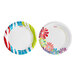 Two Solo paper plates with colorful flower designs.