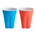 A blue Solo Squared plastic cup and a coral Solo Squared plastic cup on a white background.