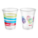 Two Solo RPET plastic cups with colorful floral and striped designs.