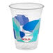 A Solo clear plastic cup with blue and white designs and the word "Solo" in a blue circle.