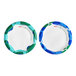 A white Solo paper plate with a blue and green ripples design.