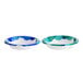 Two Solo paper bowls with blue and green designs.