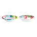 Two Solo paper bowls with colorful flower and tropical designs.