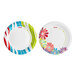 A Solo paper plate with colorful flowers and stripes.