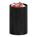 A black Cal-Mil ribbed melamine crock with red and white objects inside.