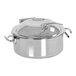 A stainless steel round chafer pot with a lid and handle.