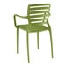 A Lancaster Table & Seating Sol sea moss green resin arm chair. A green plastic chair with armrests.