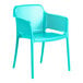 A blue plastic Lancaster Table & Seating Rio arm chair.