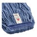 A close up of a blue cotton and synthetic blend mop head.