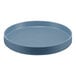 A blue Cal-Mil melamine plate with a raised rim.