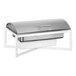 A white metal rectangular Cal-Mil chafing dish with a lid.