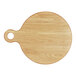 A round oak serving board with a handle.