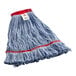 A blue O-Cedar mop head with a red band.