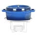 A blue pot with a lid on a white Cal-Mil wire chafer stand.