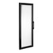 A black rectangular door with a white glass handle.