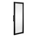 A black rectangular glass door with a white frame.