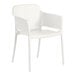 A white plastic Lancaster Table & Seating Rio arm chair with a white mesh back.