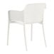 A white plastic arm chair with a woven backrest.