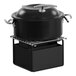 A black Cal-Mil chafer alternative pot on a metal stand.