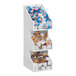 A white shelf with several compartments with clear bin fronts.