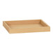 A brown rectangular faux wood room service tray with a long rectangular top.