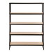 A blonde wood merchandiser rack with black metal frame and four shelves.