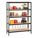 A blonde wood merchandiser rack with four shelves of food items.
