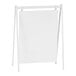 A white rectangular metal card holder with a white sign.