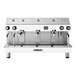 A white Astra Mega III espresso machine with three heads.